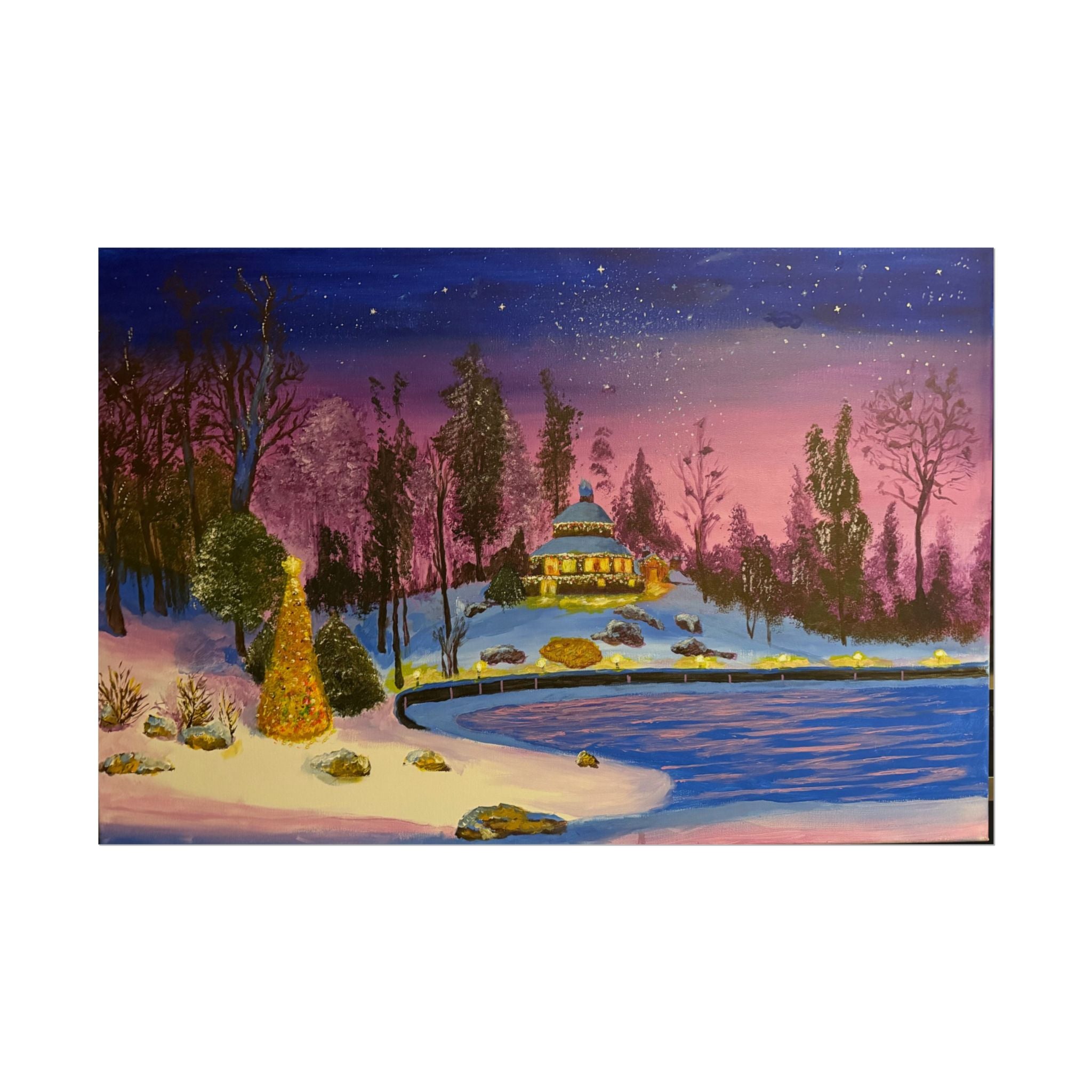 Christmas Winter Lake Landscape Snowy Evening Cabin Art Print