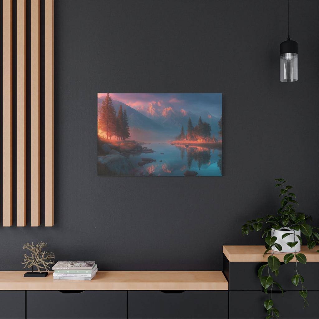 Sunset Mountain Lake Matte Canvas Wall Art - Serene Forest Reflection Print