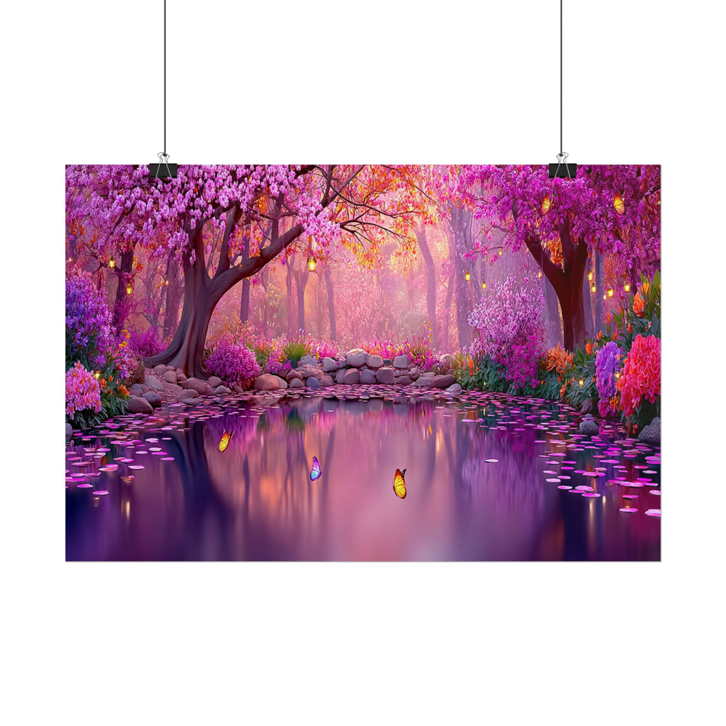 Fantasy Pink Forest Poster  Serene Lake with Cherry Blossoms Art Print