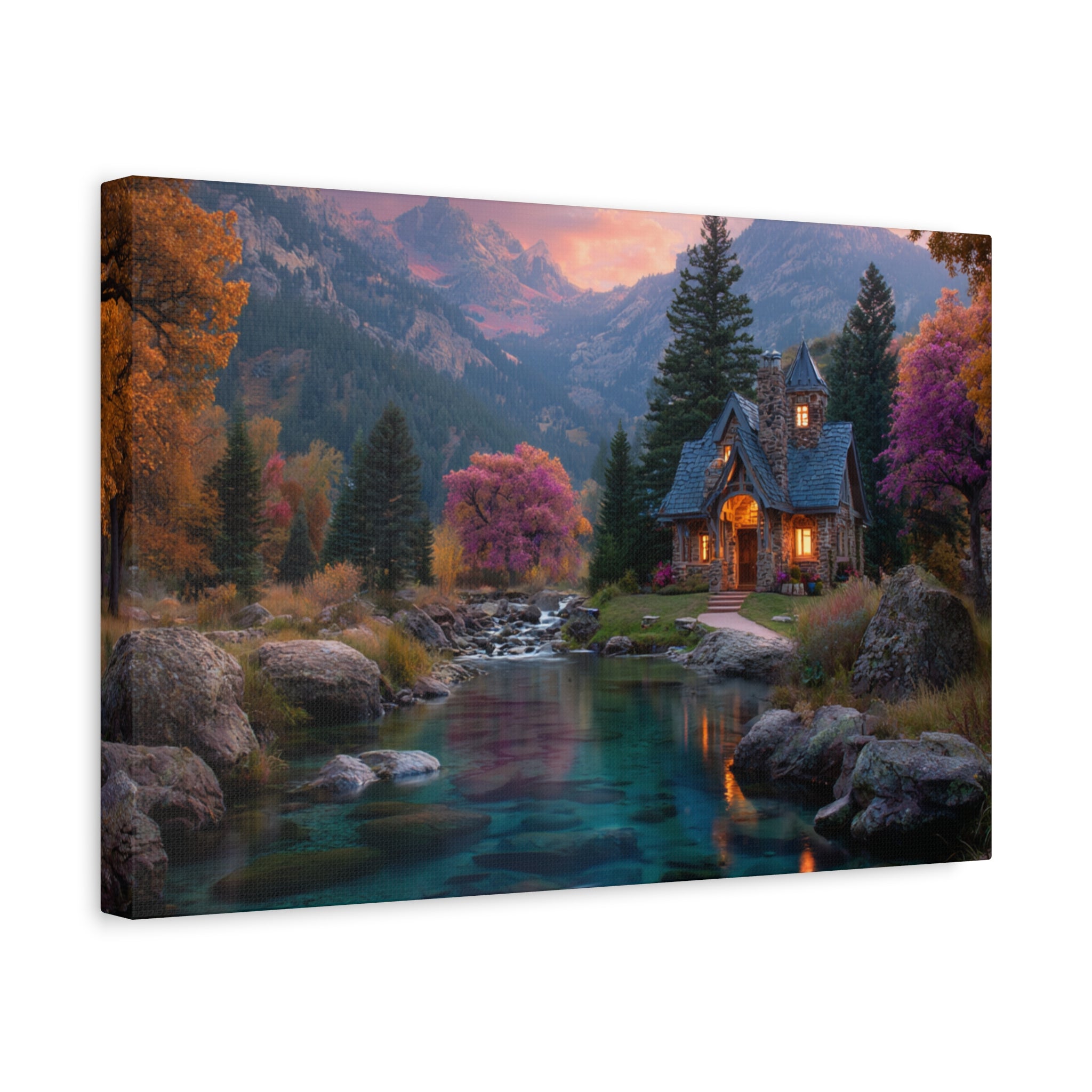 Cozy Mountain Cottage Matte Canvas Print Stretched Wall Art