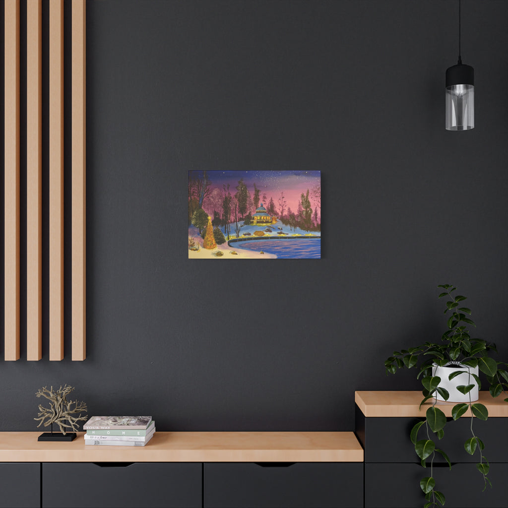 Christmas Night Lakeside Canvas Art Snowy Gazebo & Twinkling Sky Matte Stretched Wall Decor