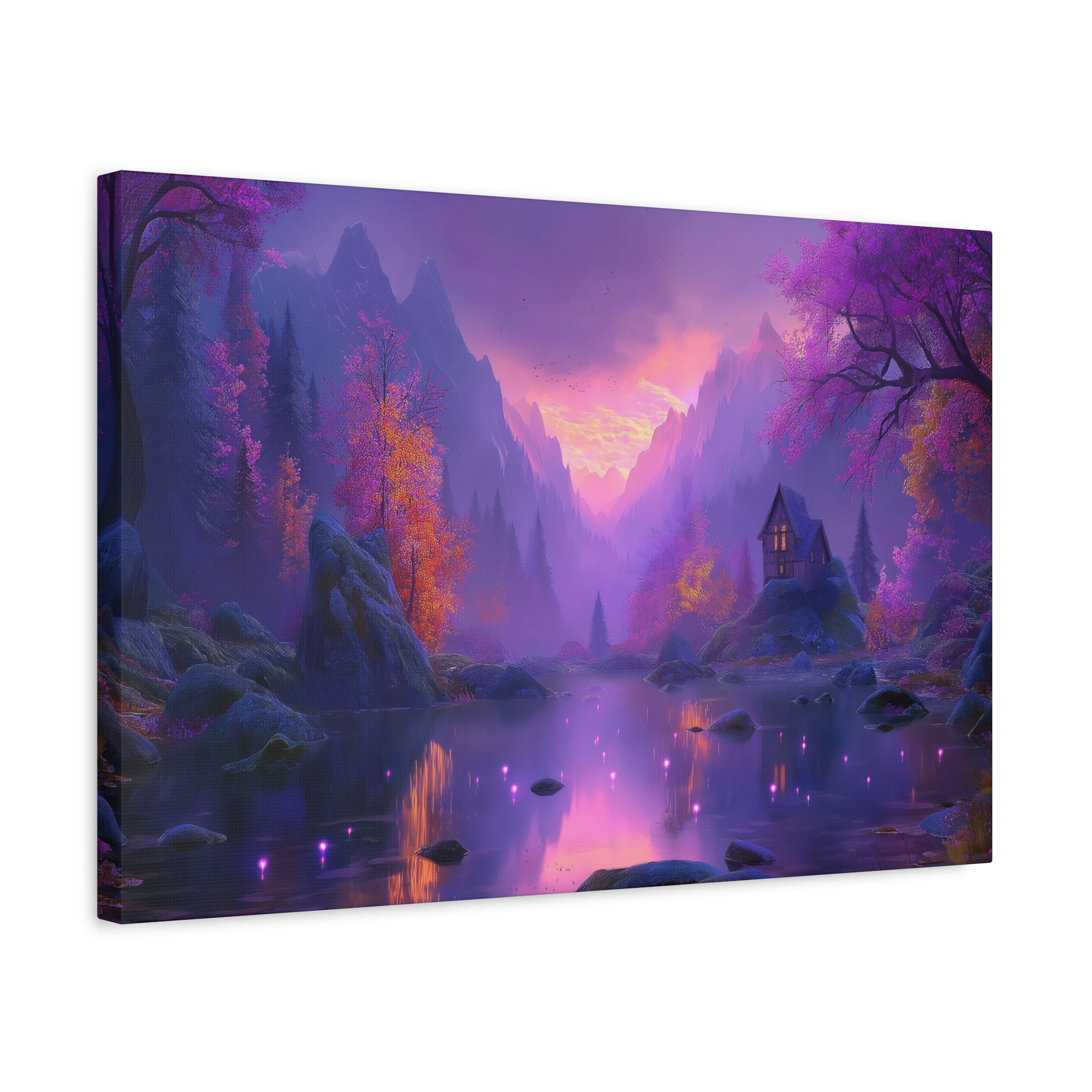 Mystical Purple Lake Landscape Canvas Fantasy Sunset Cottage Wall Art