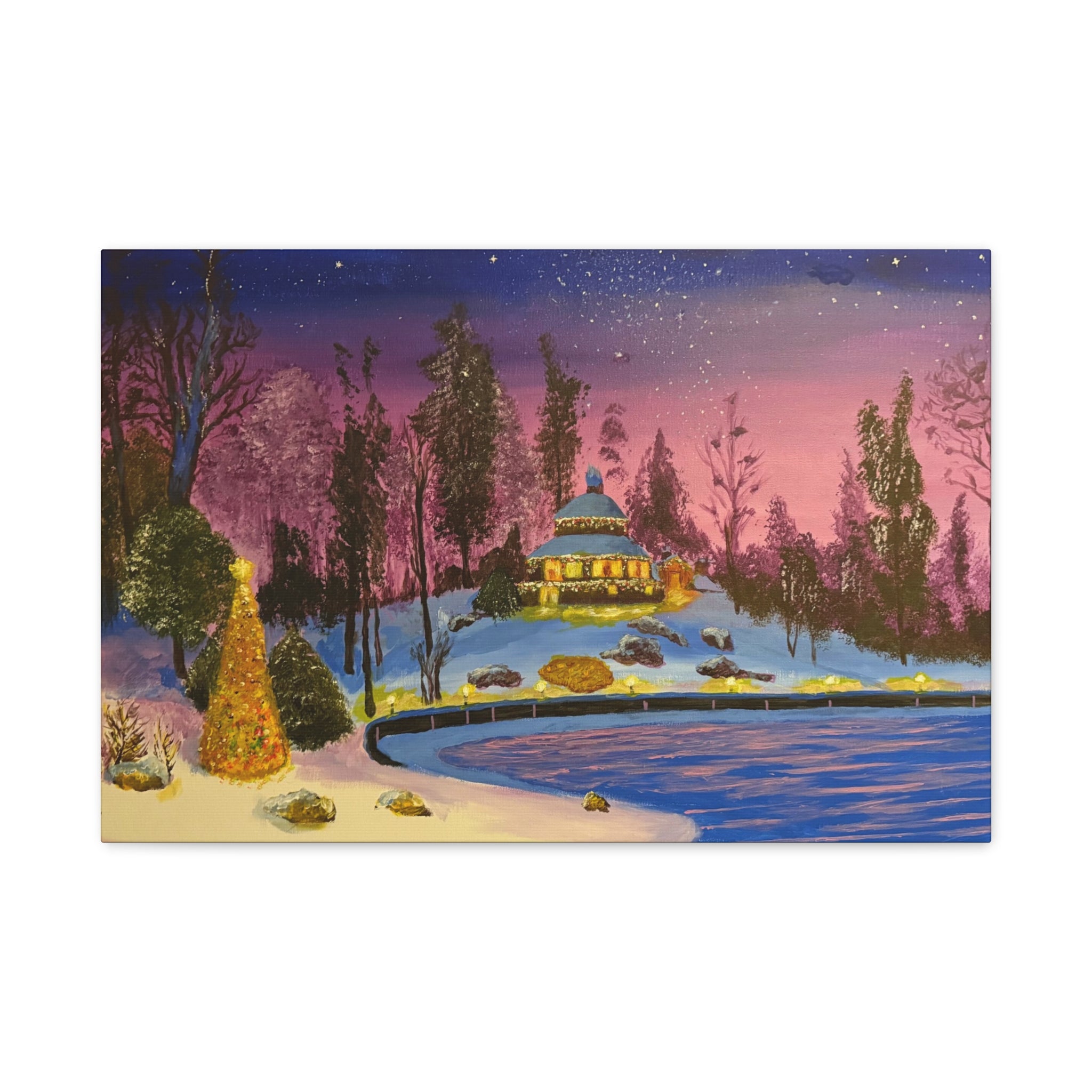 Christmas Night Lakeside Canvas Art Snowy Gazebo & Twinkling Sky Matte Stretched Wall Decor