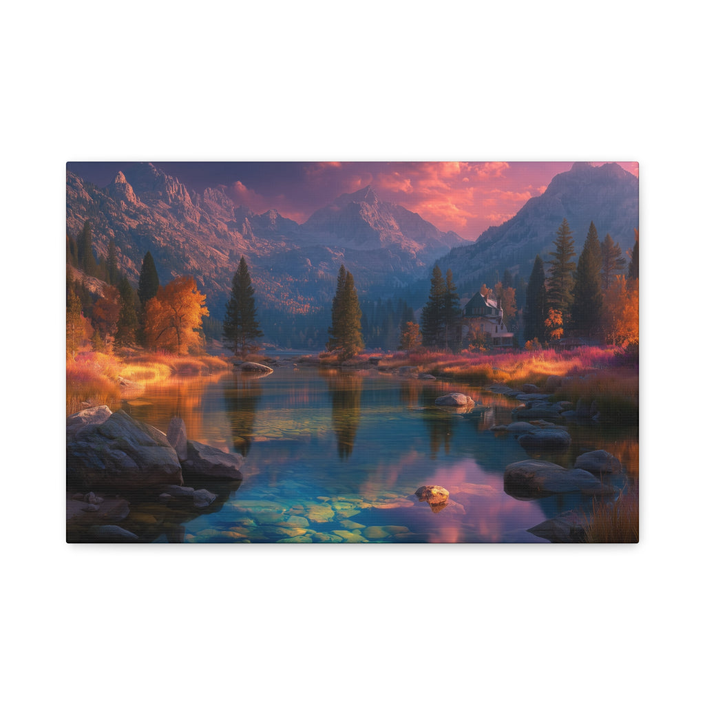 Scenic Mountain Lake Matte Canvas Print Tranquil Sunset Landscape Wall Art