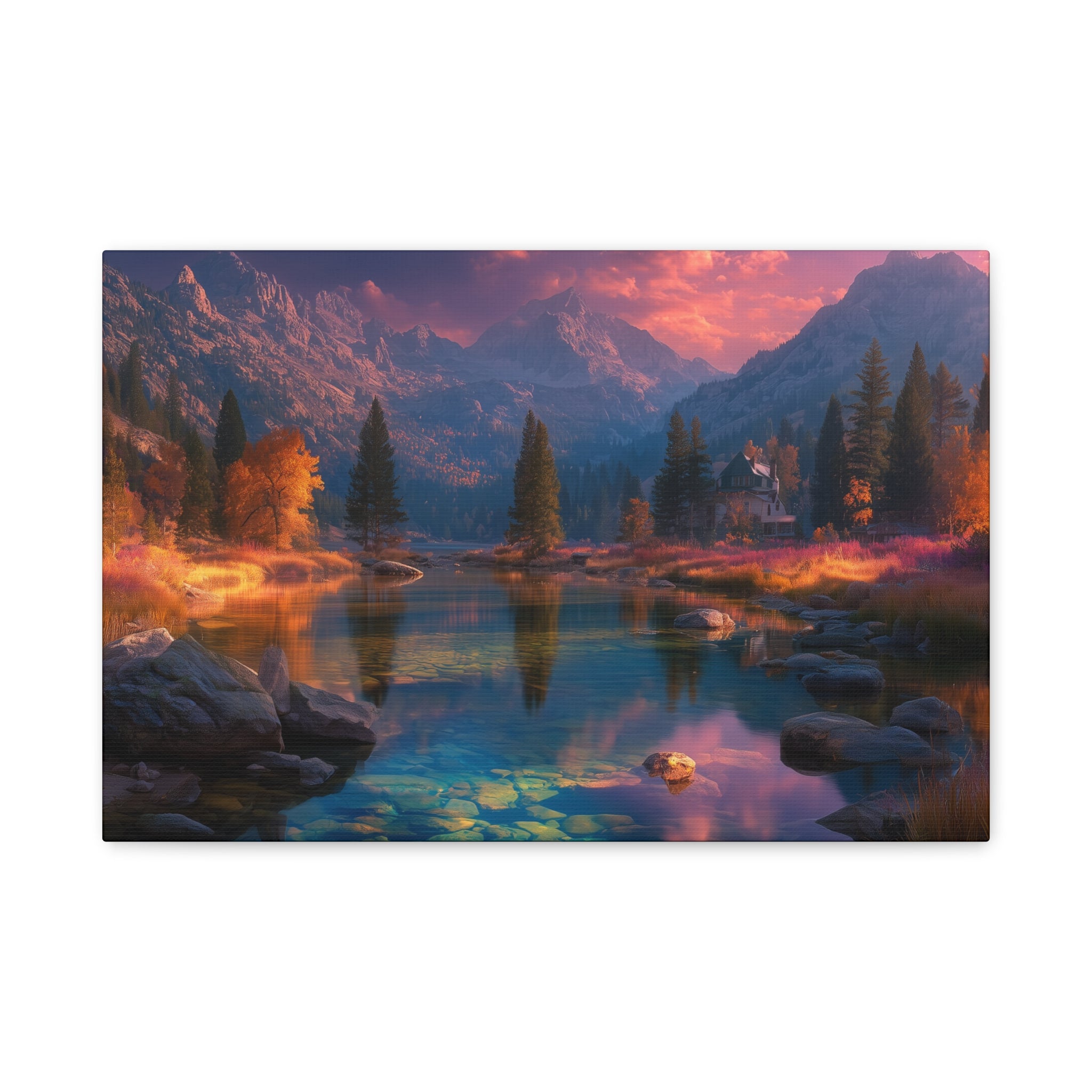 Scenic Mountain Lake Matte Canvas Print Tranquil Sunset Landscape Wall Art