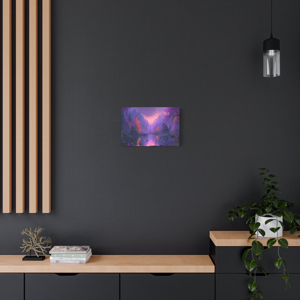 Mystical Purple Lake Landscape Canvas Fantasy Sunset Cottage Wall Art