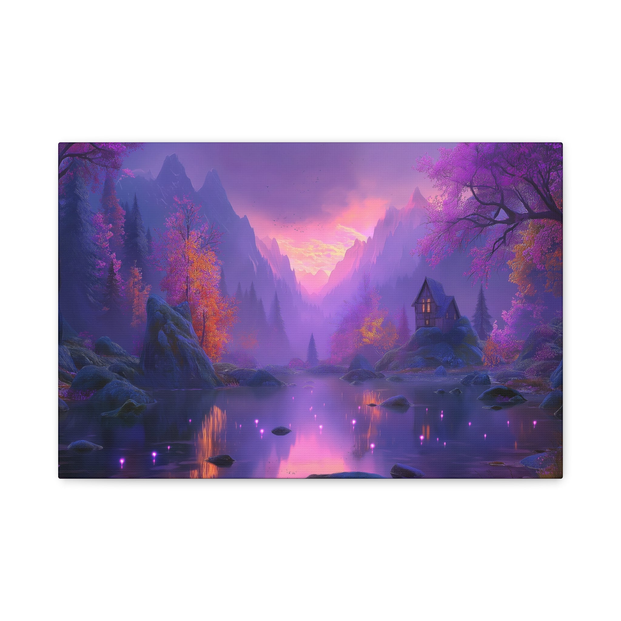 Mystical Purple Lake Landscape Canvas Fantasy Sunset Cottage Wall Art
