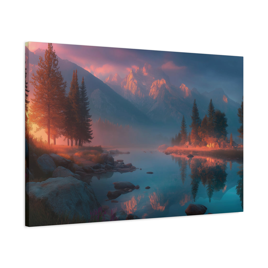Sunset Mountain Lake Matte Canvas Wall Art - Serene Forest Reflection Print