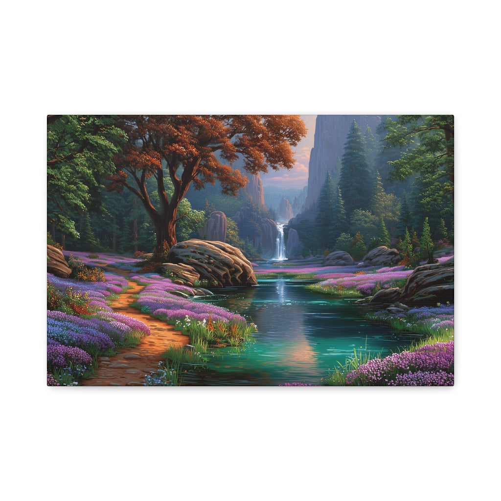 Enchanted Forest Waterfall Matte Canvas Print Stretched Wall Art
