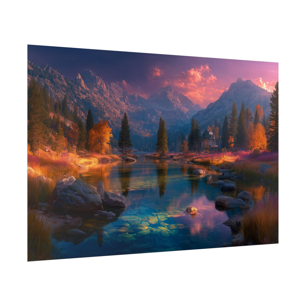 Mountain Lake Sunset  Serene Autumn Landscape Rolled Print