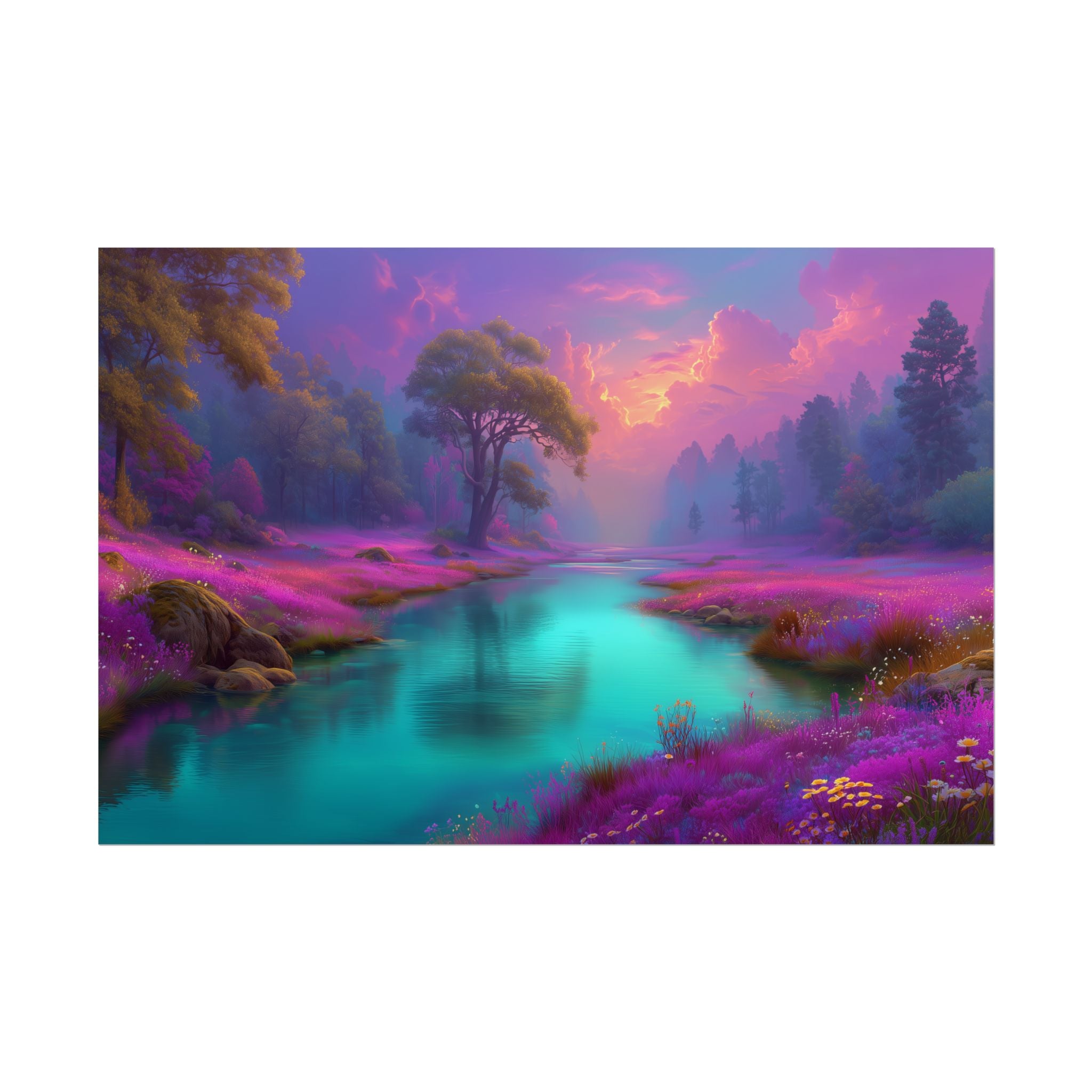 Fantasy Landscape Vibrant Purple River Sunset Wall Art