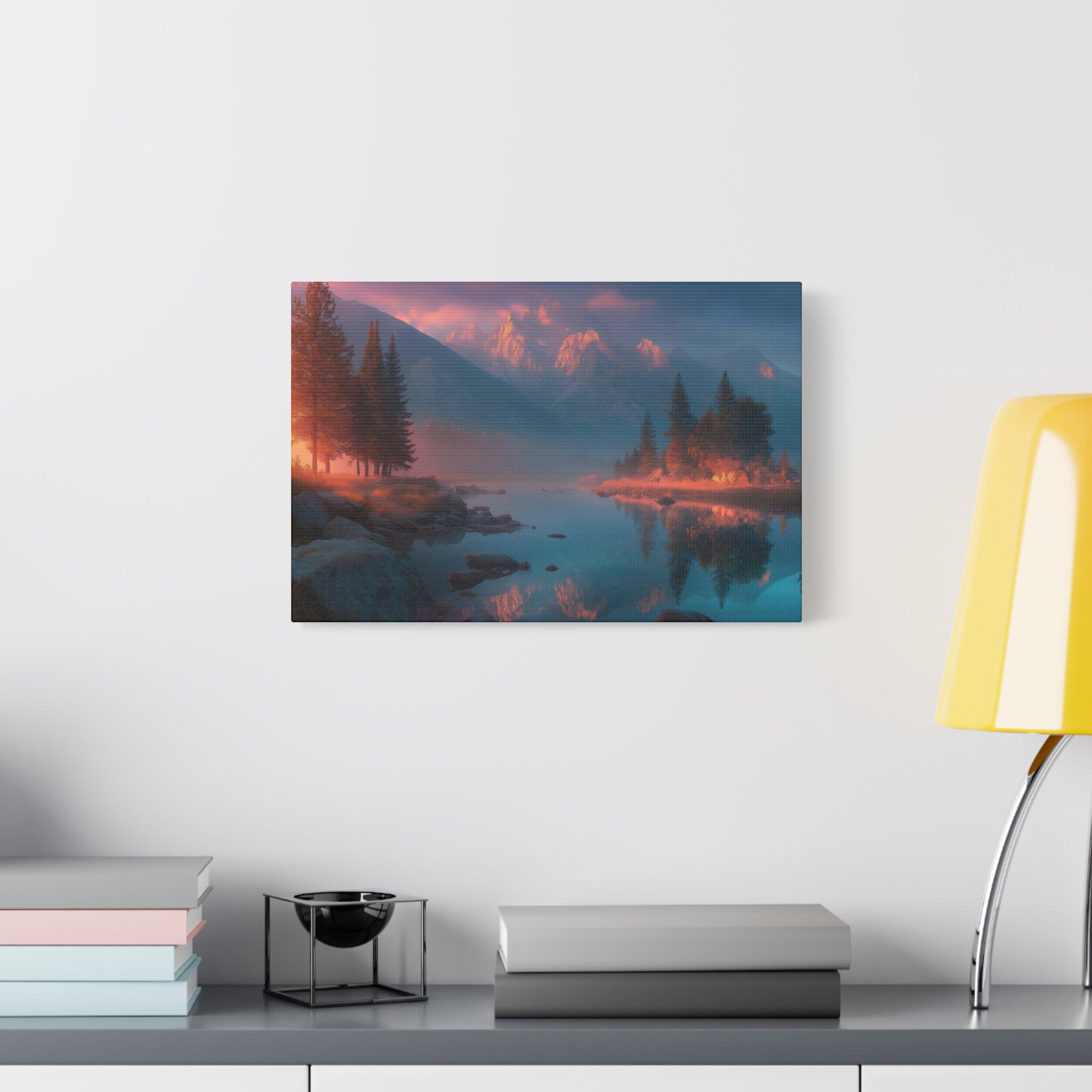 Sunset Mountain Lake Matte Canvas Wall Art - Serene Forest Reflection Print