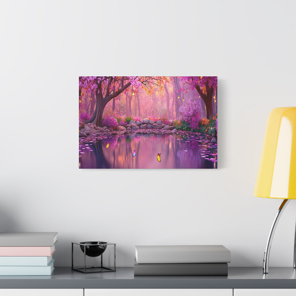 Magical Pink Forest Canvas Wall Art Tranquil Butterfly Pond Matte Stretched Print