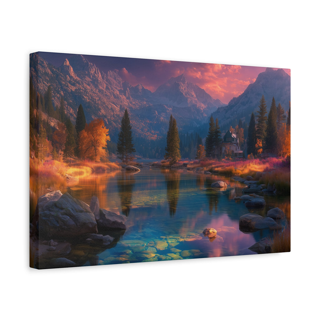Scenic Mountain Lake Matte Canvas Print Tranquil Sunset Landscape Wall Art
