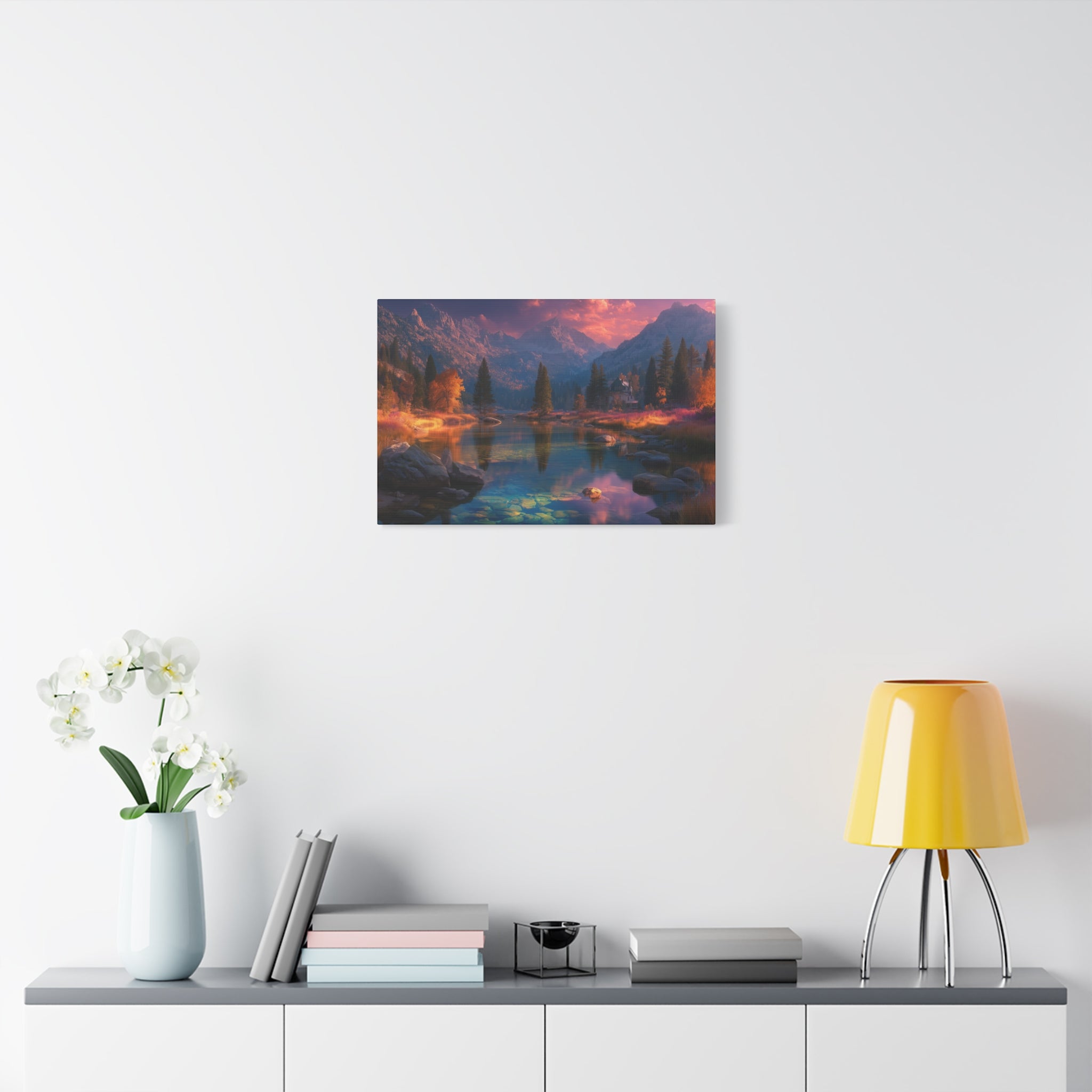 Scenic Mountain Lake Matte Canvas Print Tranquil Sunset Landscape Wall Art