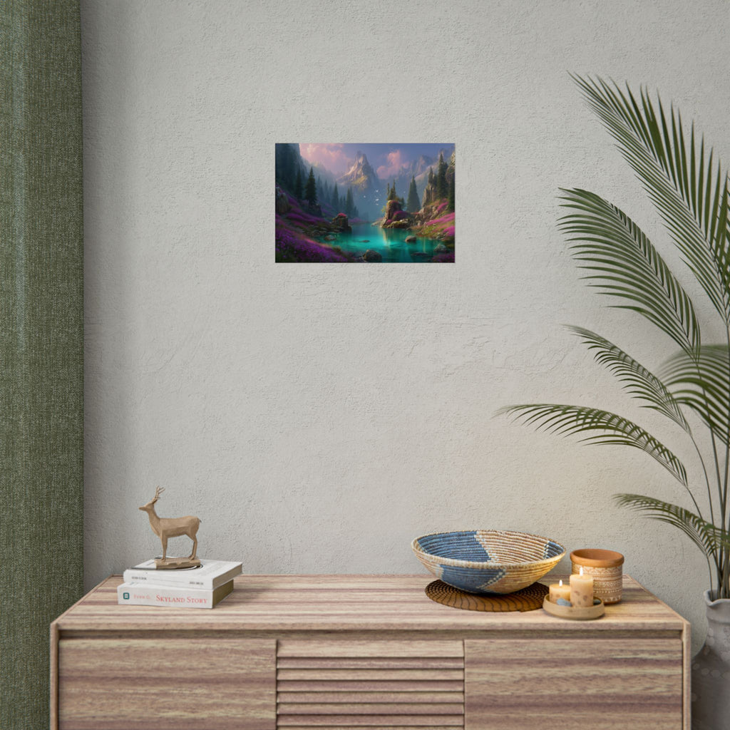 Serene Fantasy Mountain Lake Landscape Art Print