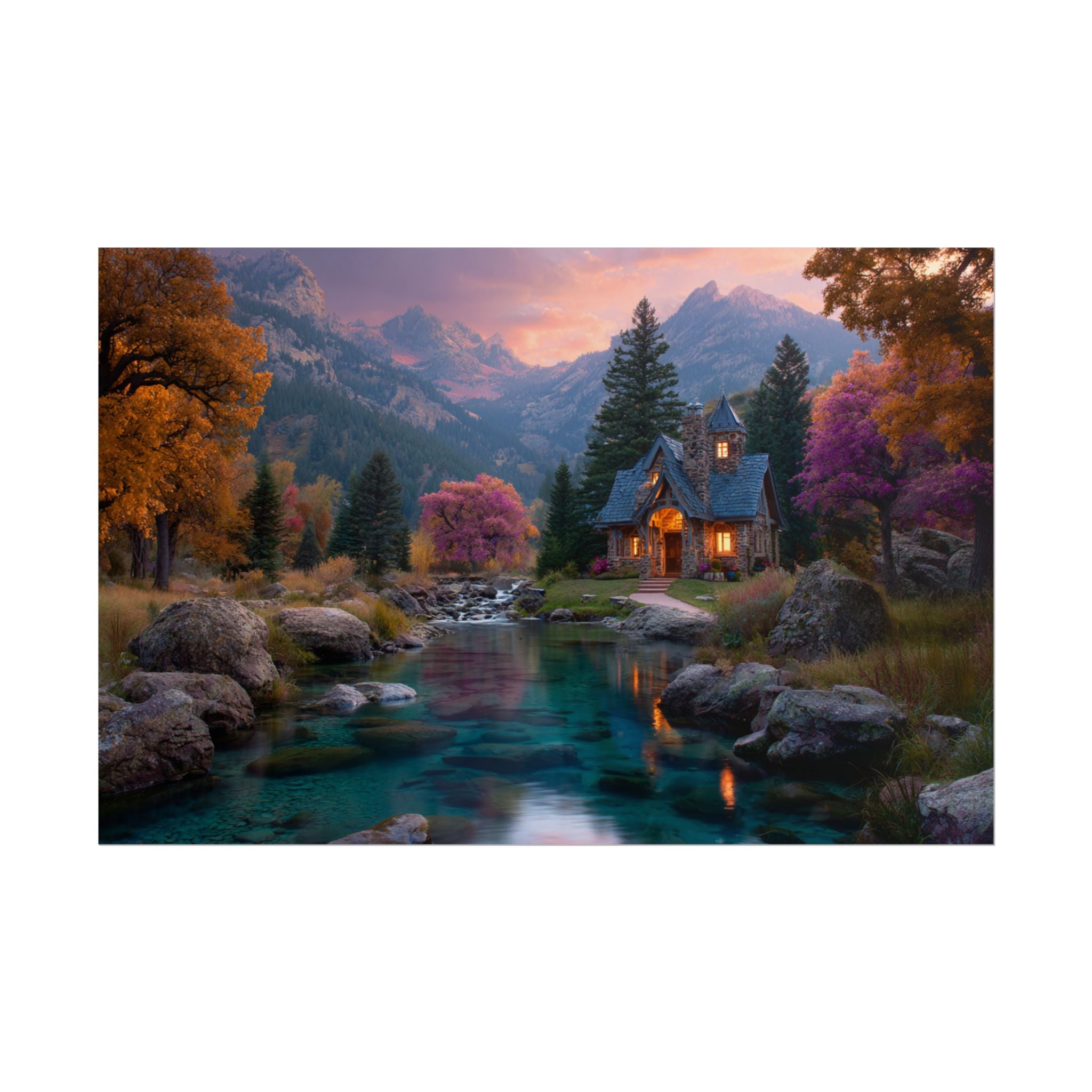 Scenic Mountain Cabin  Tranquil River Landscape Wall Art