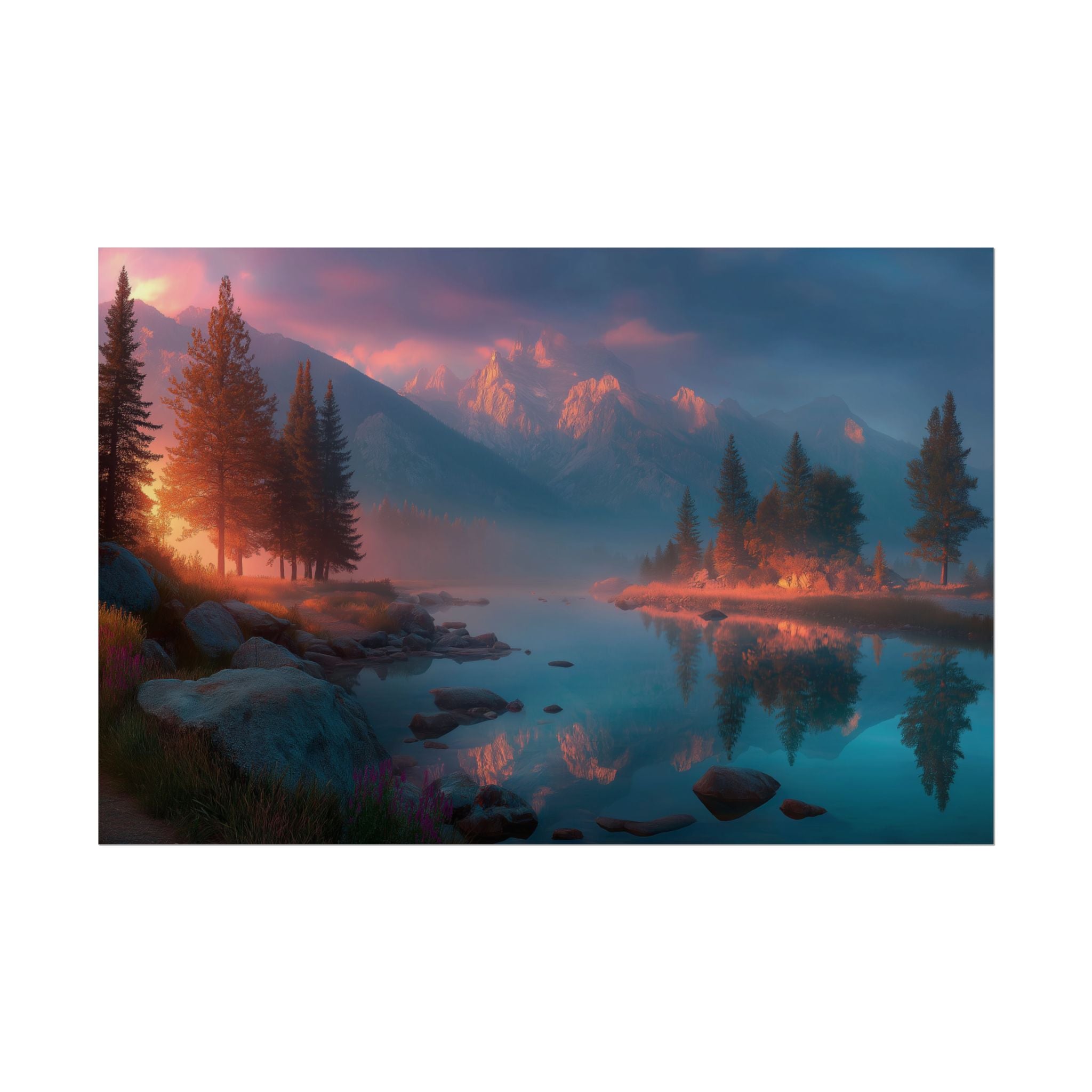 Serene Mountain Lake Sunset Landscape Wall Art