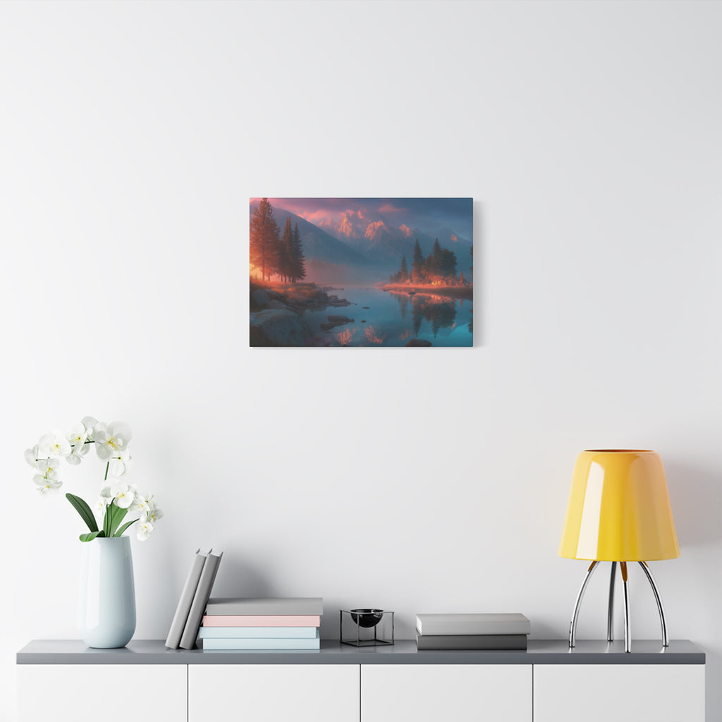 Sunset Mountain Lake Matte Canvas Wall Art - Serene Forest Reflection Print
