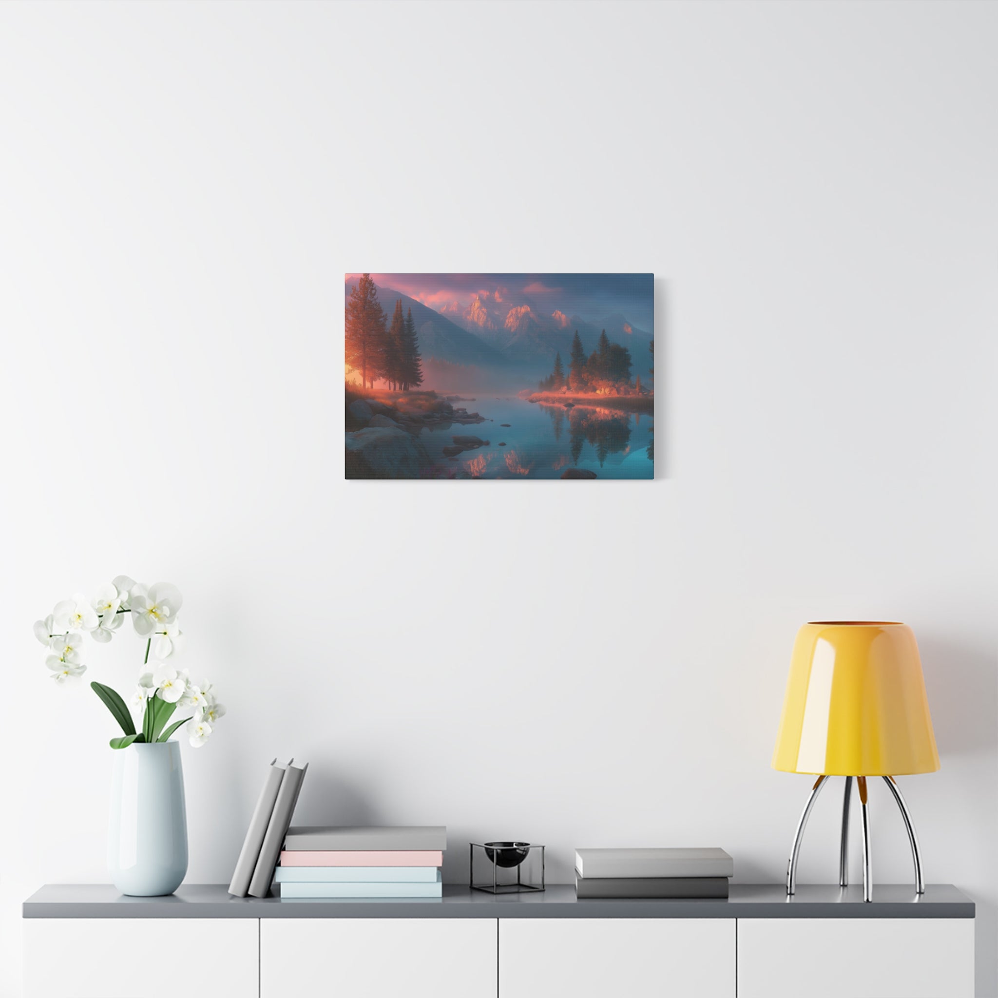 Sunset Mountain Lake Matte Canvas Wall Art - Serene Forest Reflection Print