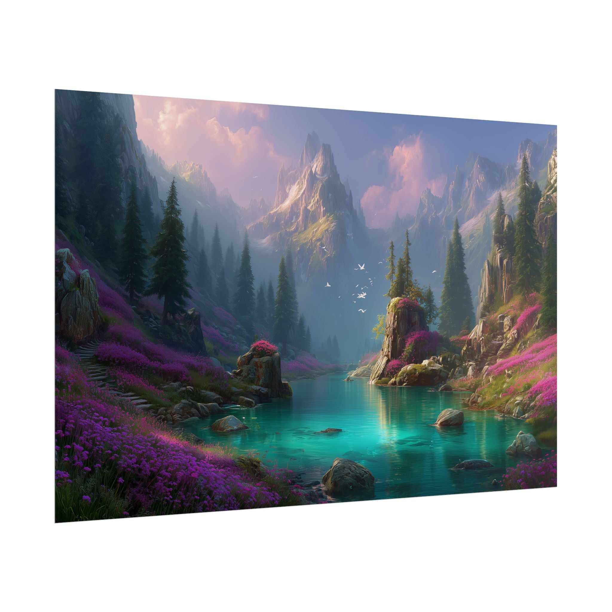 Serene Fantasy Mountain Lake Landscape Art Print