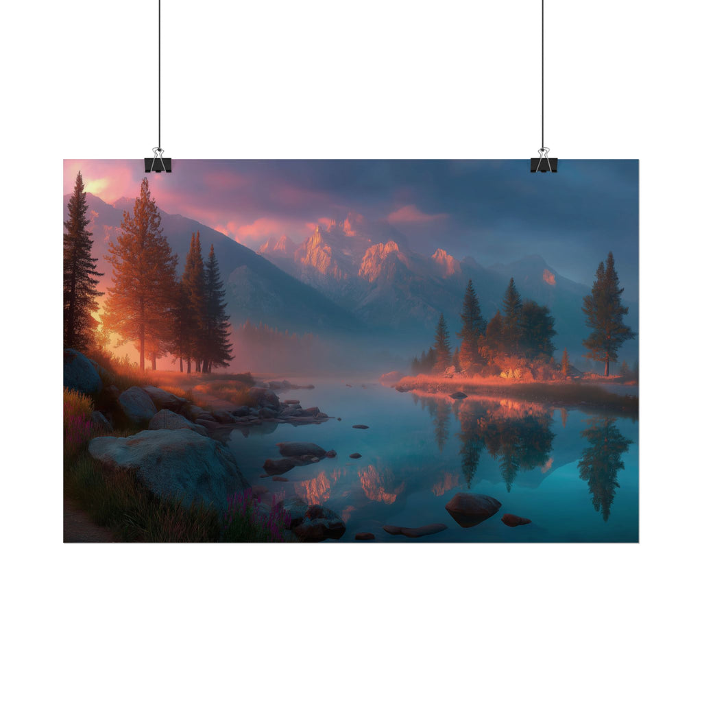 Serene Mountain Lake Sunset Landscape Wall Art