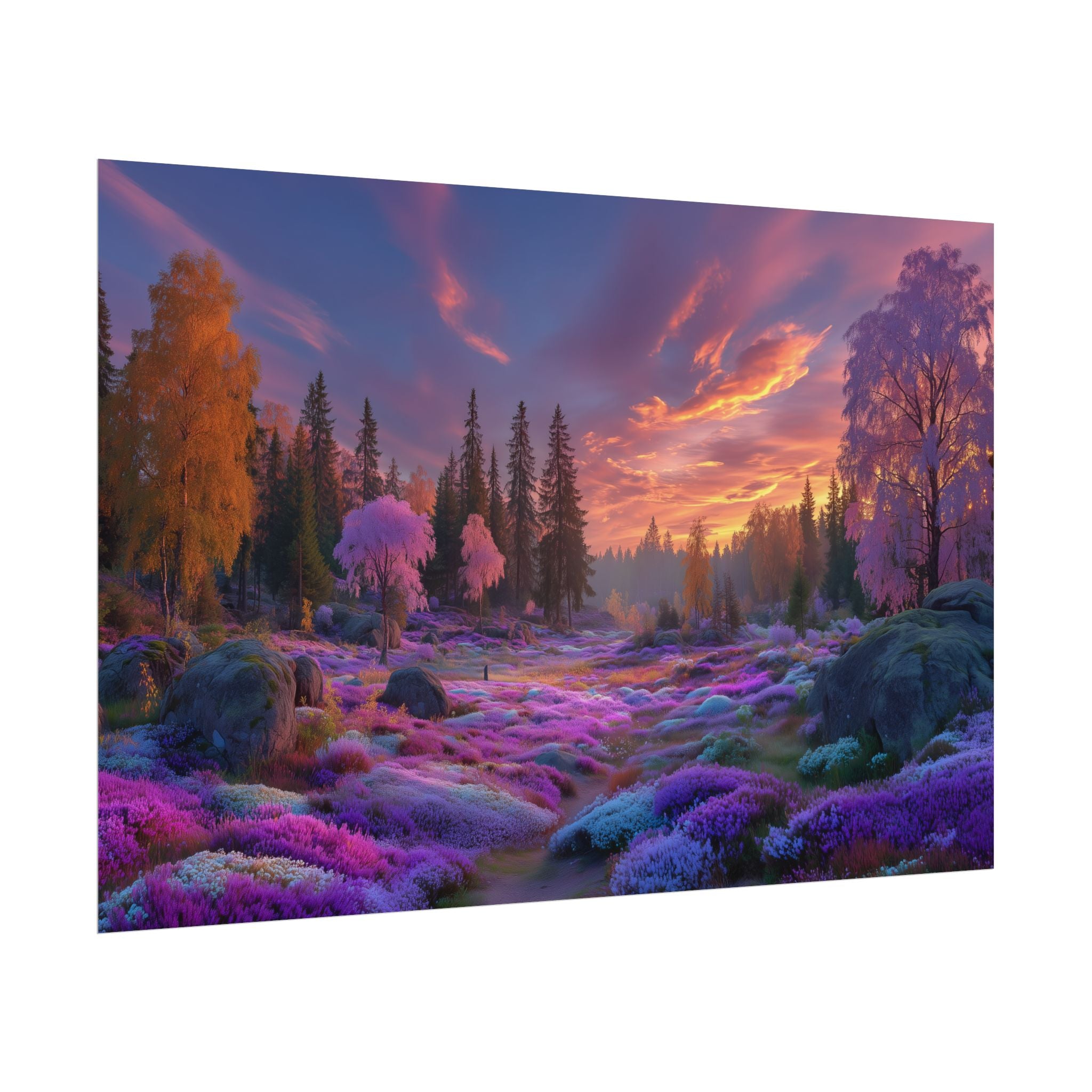 Dreamy Purple Sunset Forest Landscape Wall Art