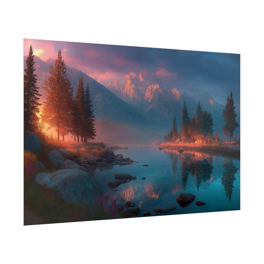 Serene Mountain Lake Sunset Landscape Wall Art