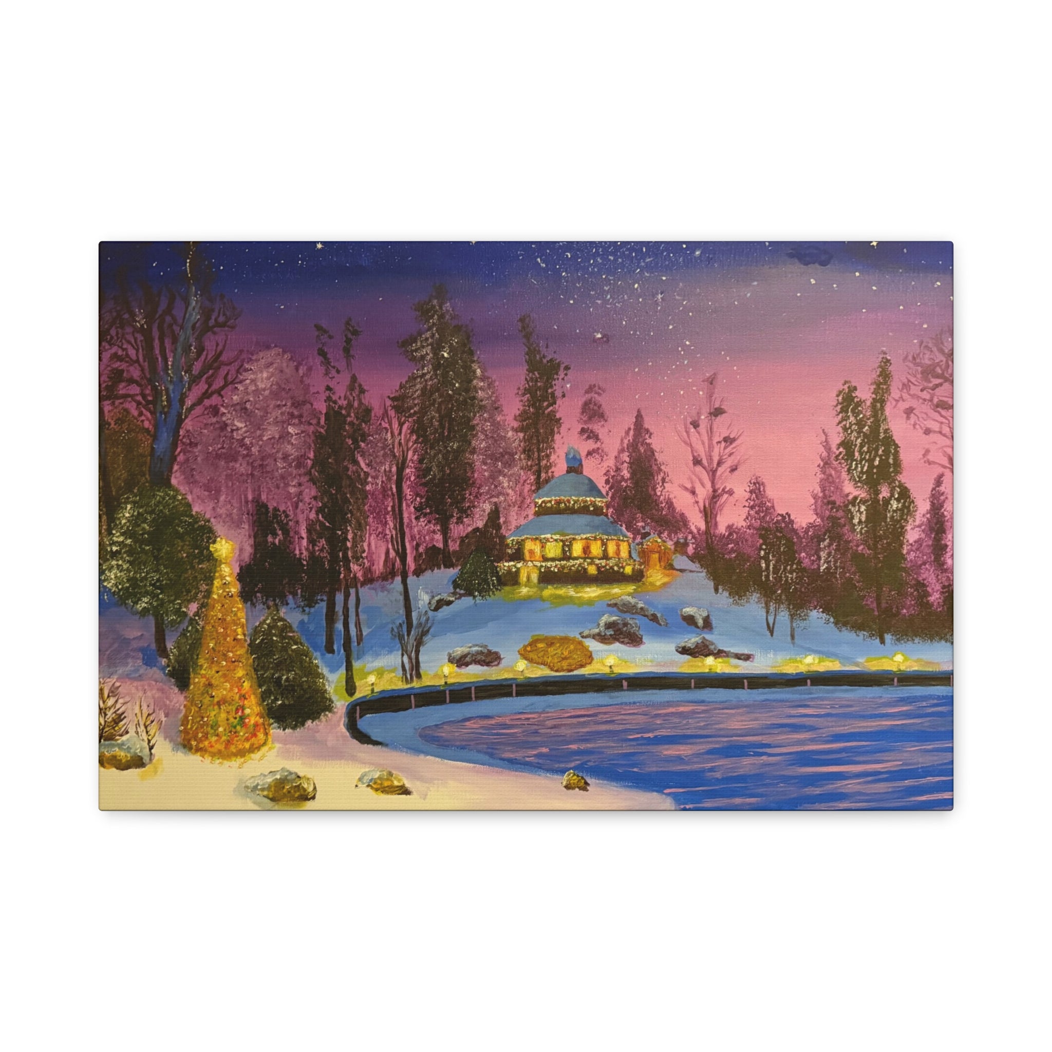 Christmas Night Lakeside Canvas Art Snowy Gazebo & Twinkling Sky Matte Stretched Wall Decor
