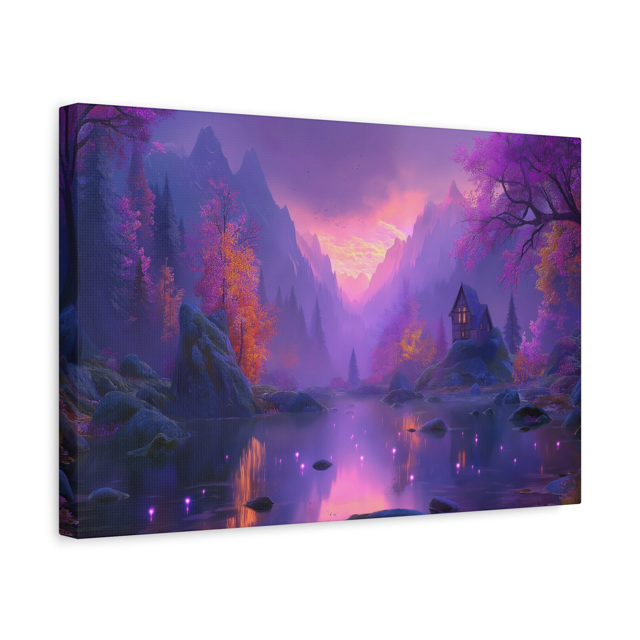 Mystical Purple Lake Landscape Canvas Fantasy Sunset Cottage Wall Art