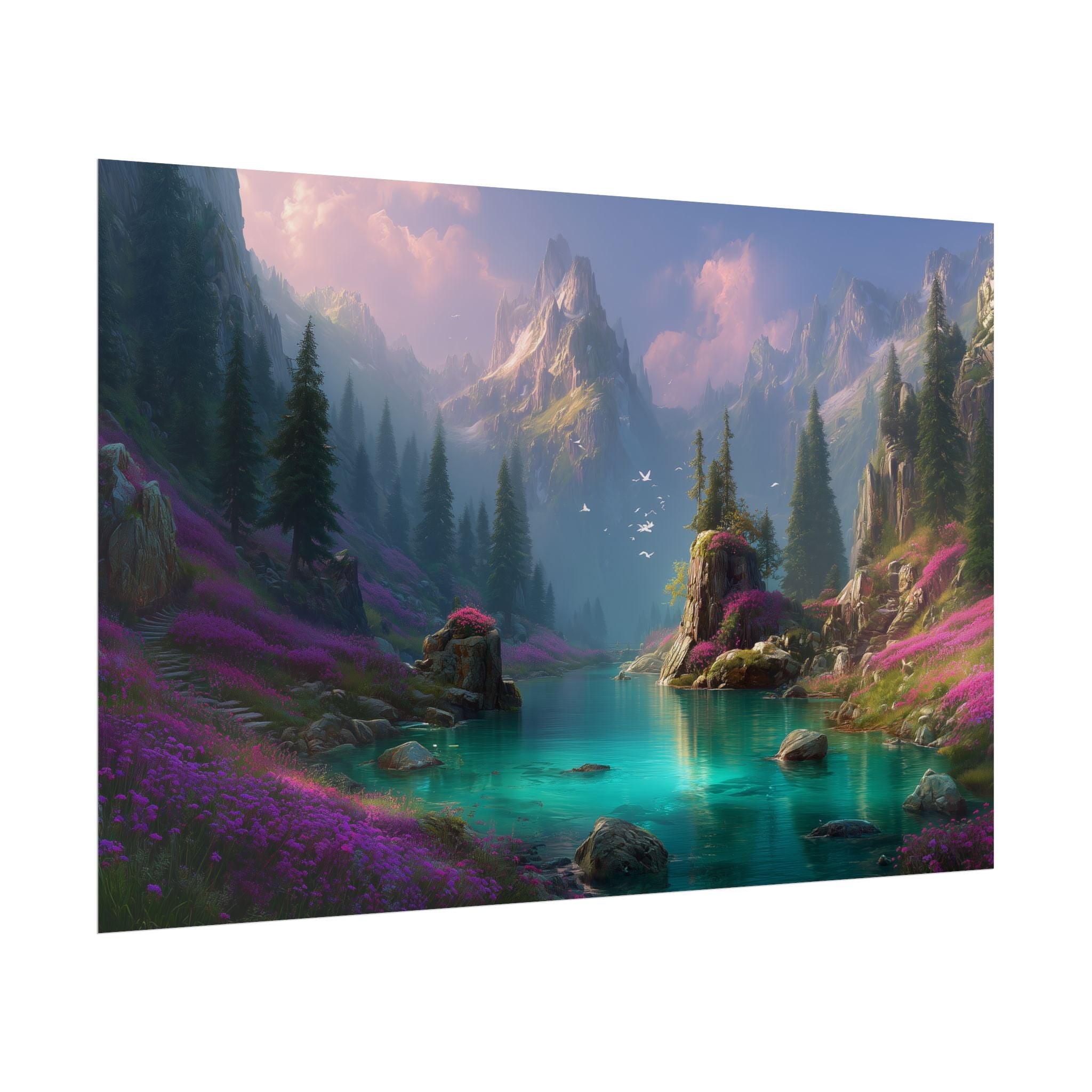 Serene Fantasy Mountain Lake Landscape Art Print