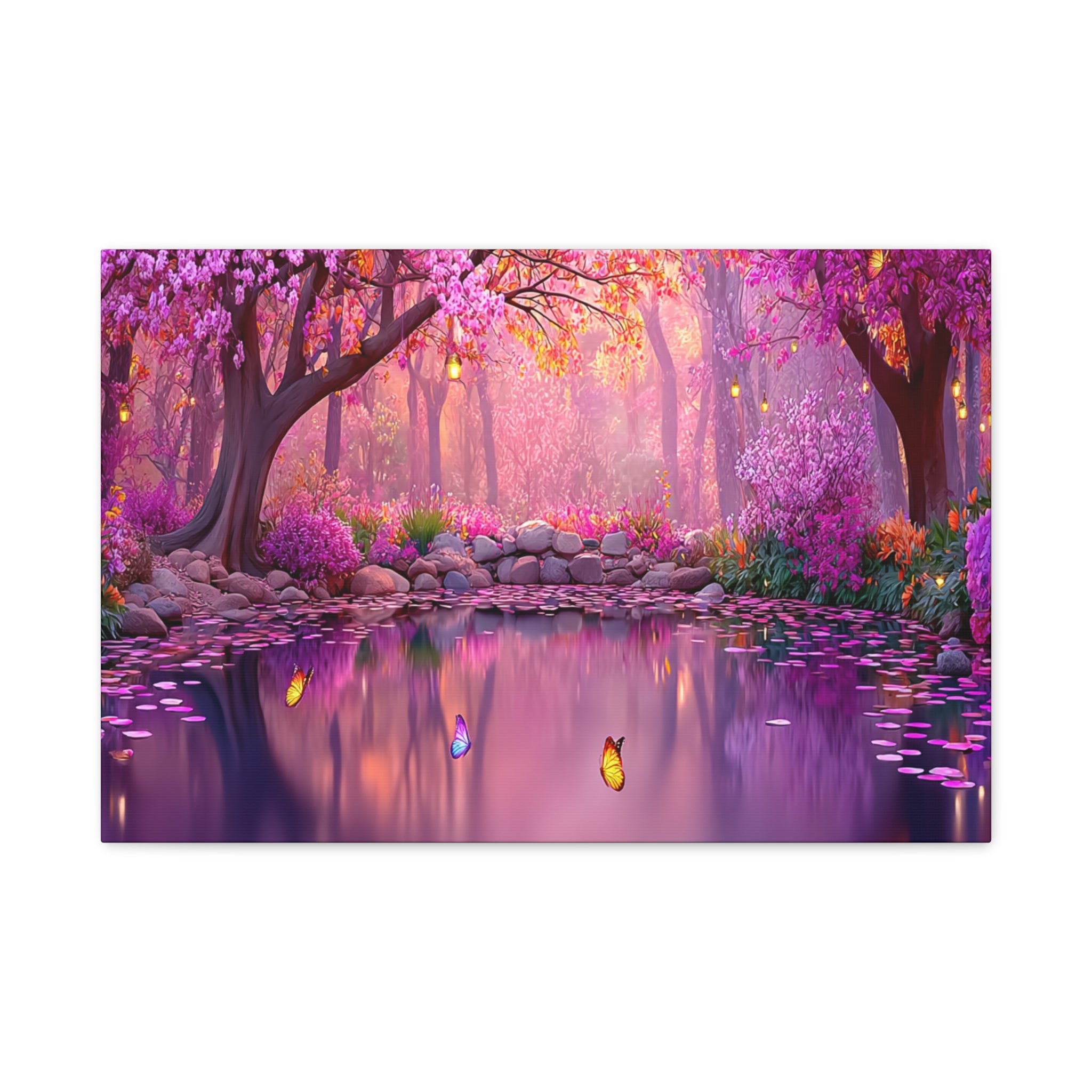 Magical Pink Forest Canvas Wall Art Tranquil Butterfly Pond Matte Stretched Print