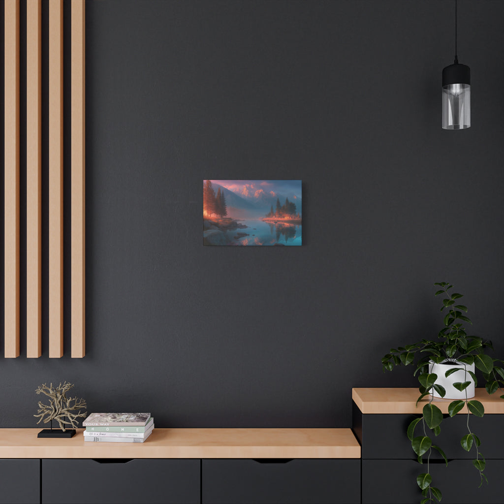 Sunset Mountain Lake Matte Canvas Wall Art - Serene Forest Reflection Print