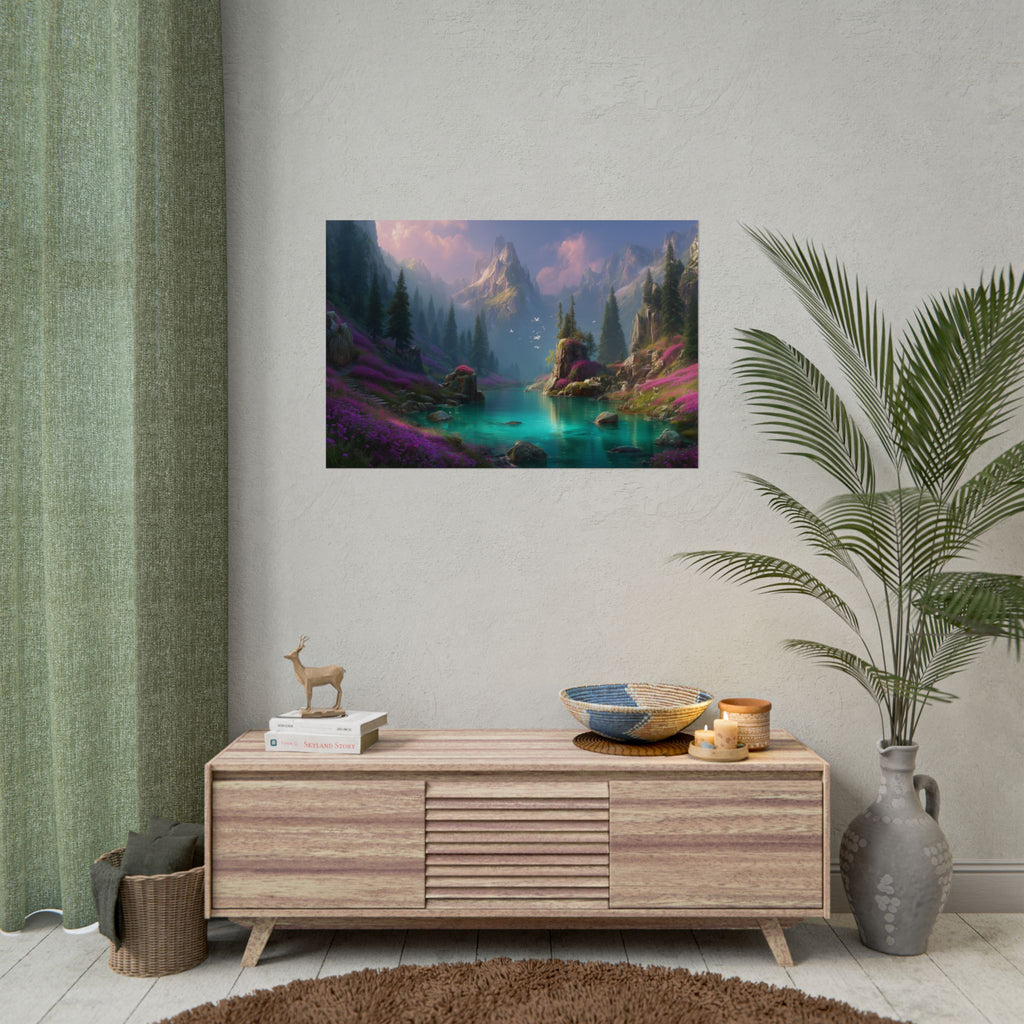 Serene Fantasy Mountain Lake Landscape Art Print