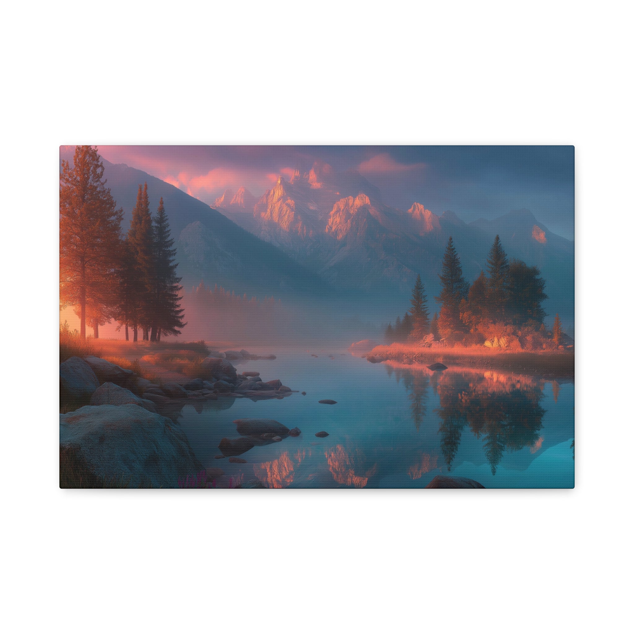 Sunset Mountain Lake Matte Canvas Wall Art - Serene Forest Reflection Print