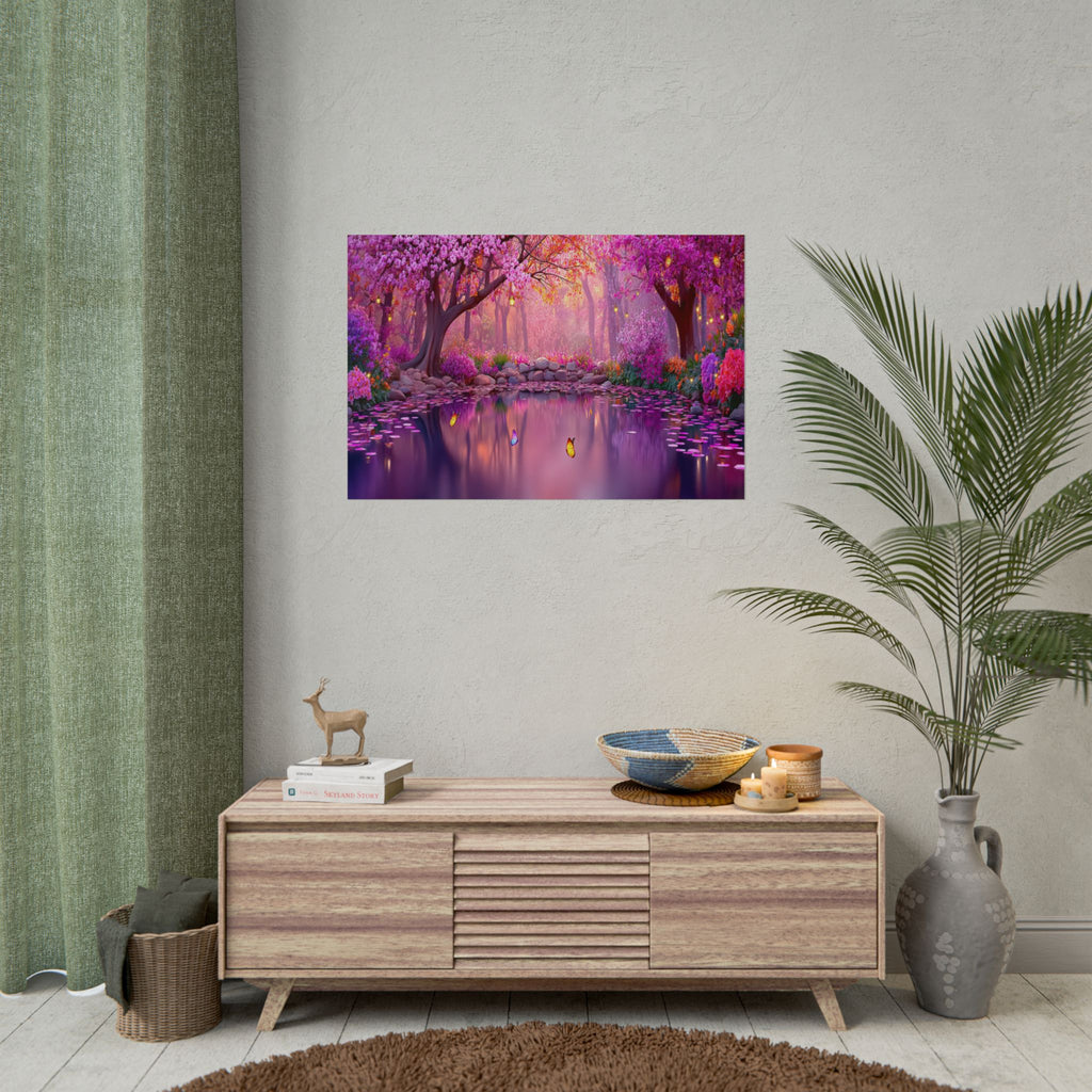 Fantasy Pink Forest Poster  Serene Lake with Cherry Blossoms Art Print