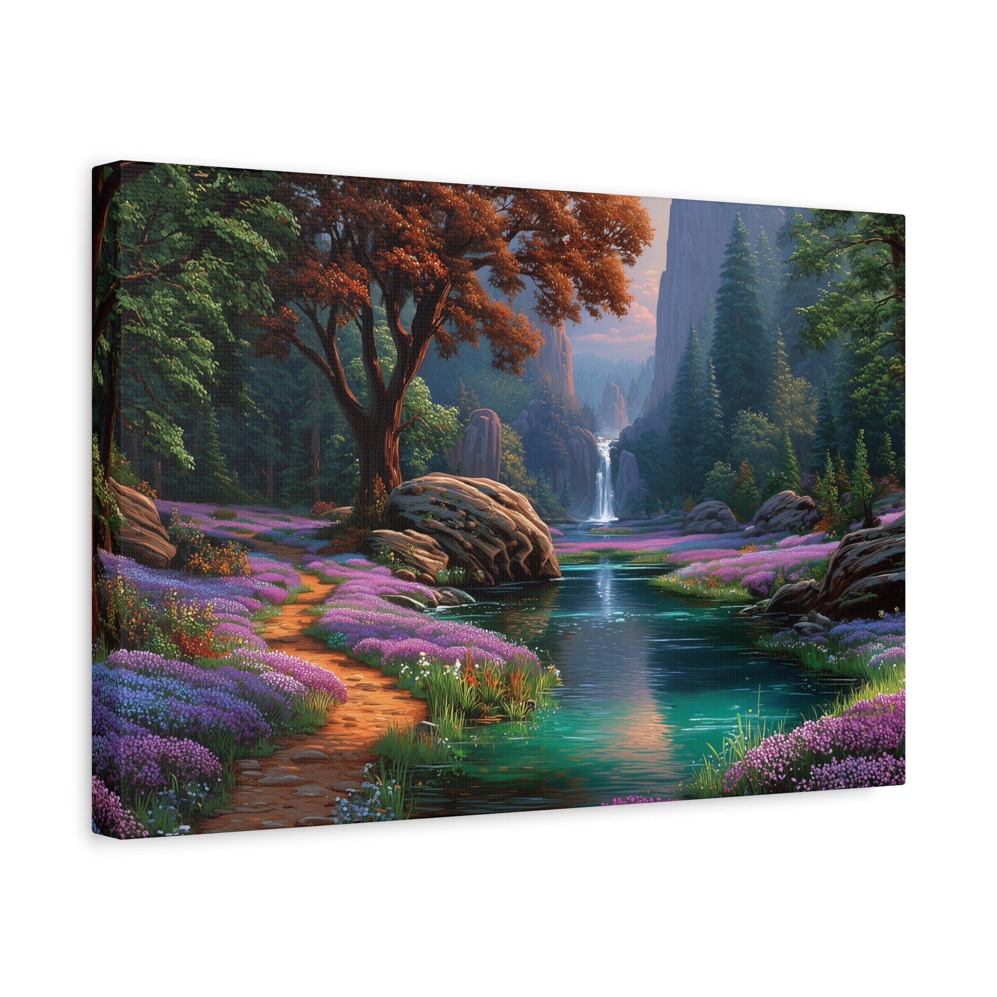 Enchanted Forest Waterfall Matte Canvas Print Stretched Wall Art