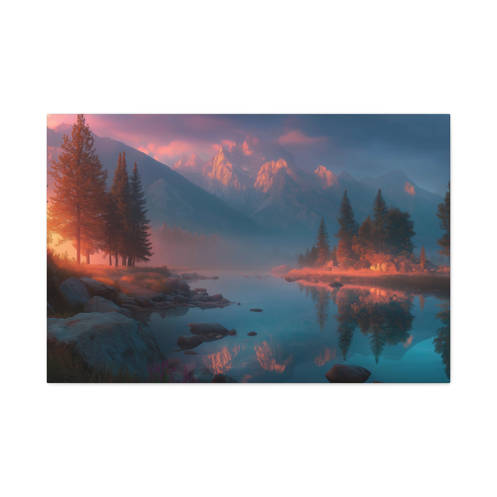 Sunset Mountain Lake Matte Canvas Wall Art - Serene Forest Reflection Print