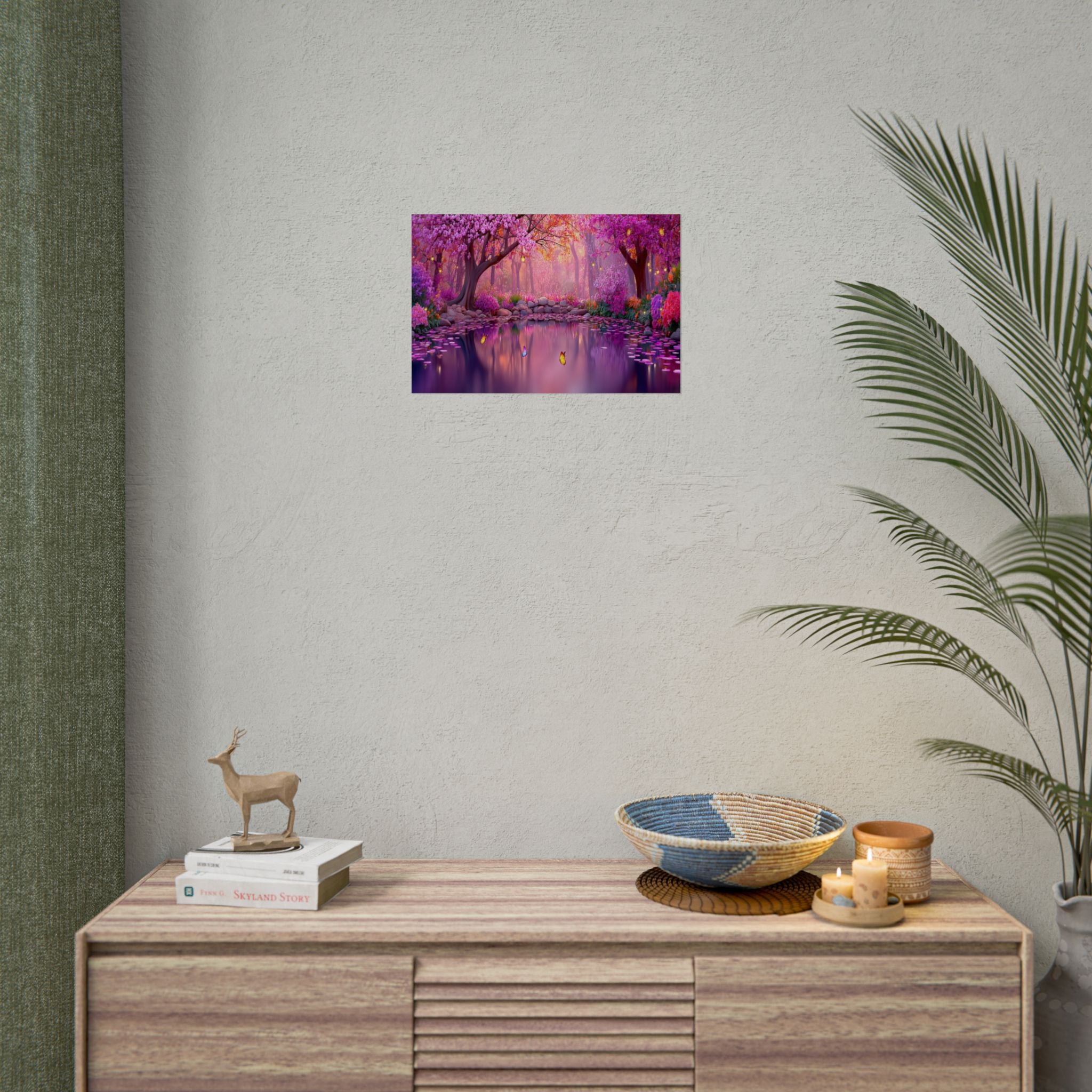 Fantasy Pink Forest Poster  Serene Lake with Cherry Blossoms Art Print