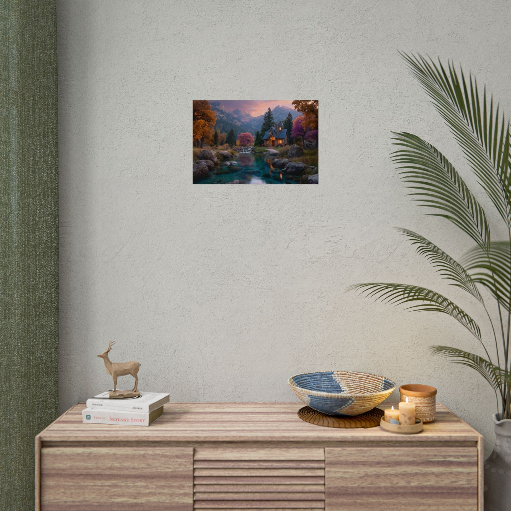 Scenic Mountain Cabin  Tranquil River Landscape Wall Art