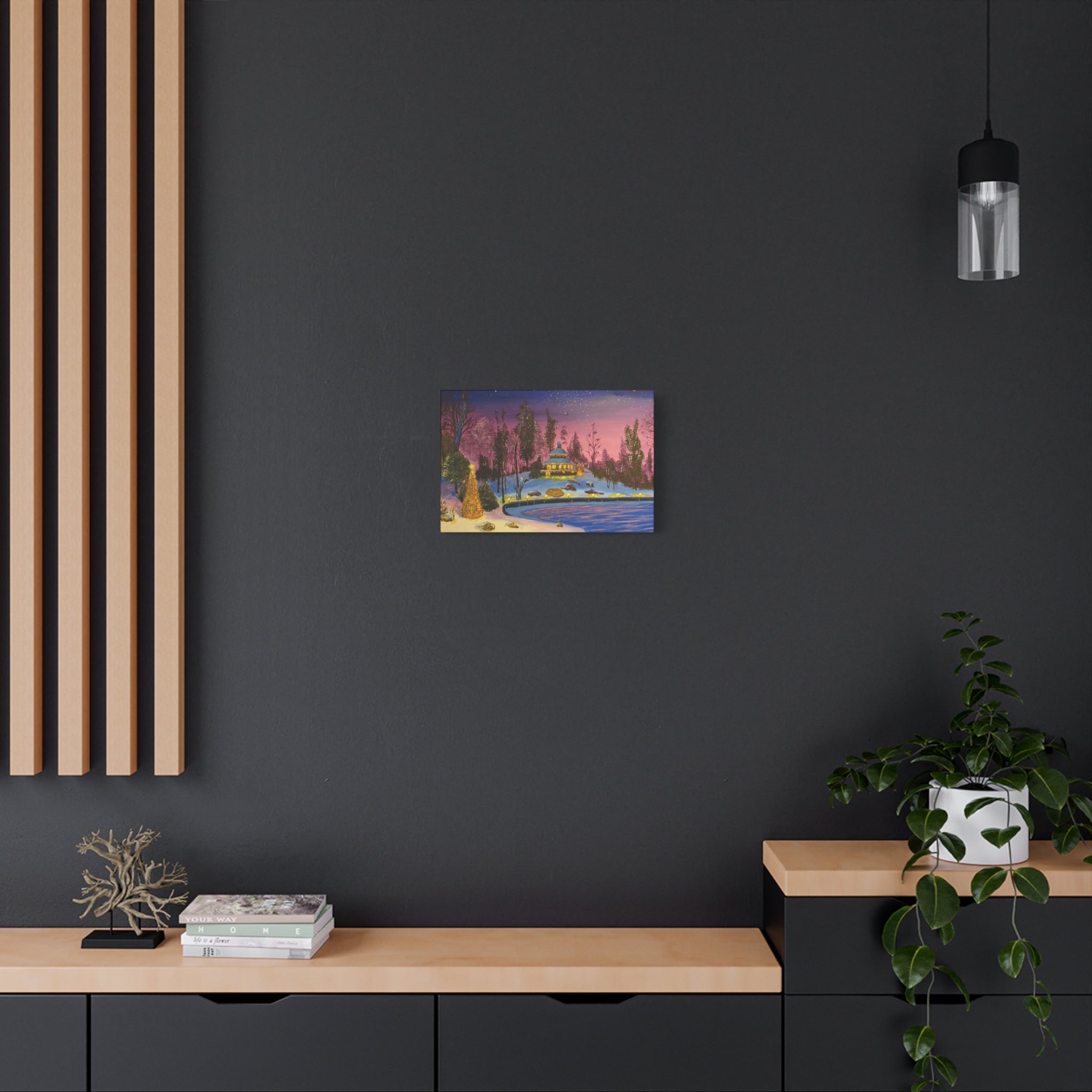 Christmas Night Lakeside Canvas Art Snowy Gazebo & Twinkling Sky Matte Stretched Wall Decor