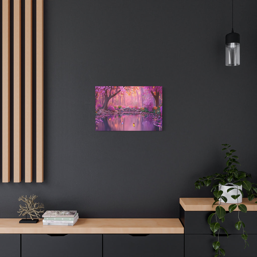 Magical Pink Forest Canvas Wall Art Tranquil Butterfly Pond Matte Stretched Print