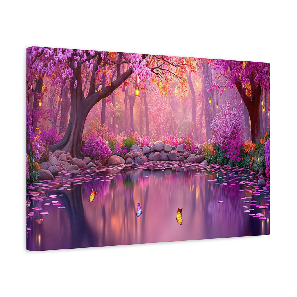 Magical Pink Forest Canvas Wall Art Tranquil Butterfly Pond Matte Stretched Print