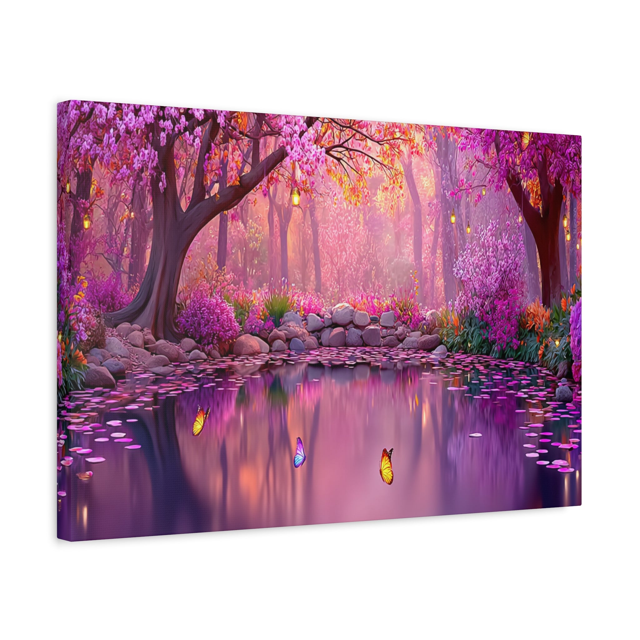 Magical Pink Forest Canvas Wall Art Tranquil Butterfly Pond Matte Stretched Print