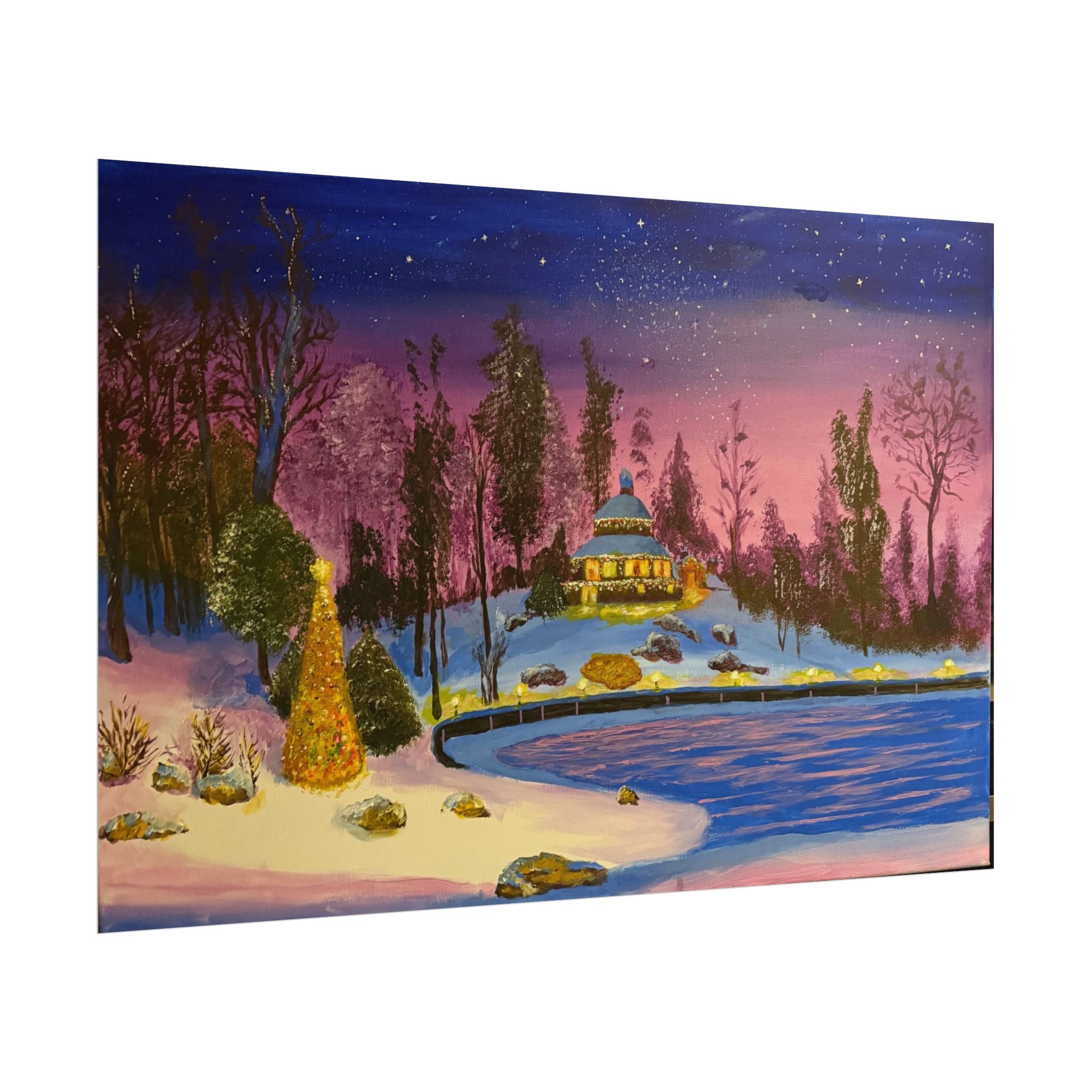 Christmas Winter Lake Landscape Snowy Evening Cabin Art Print