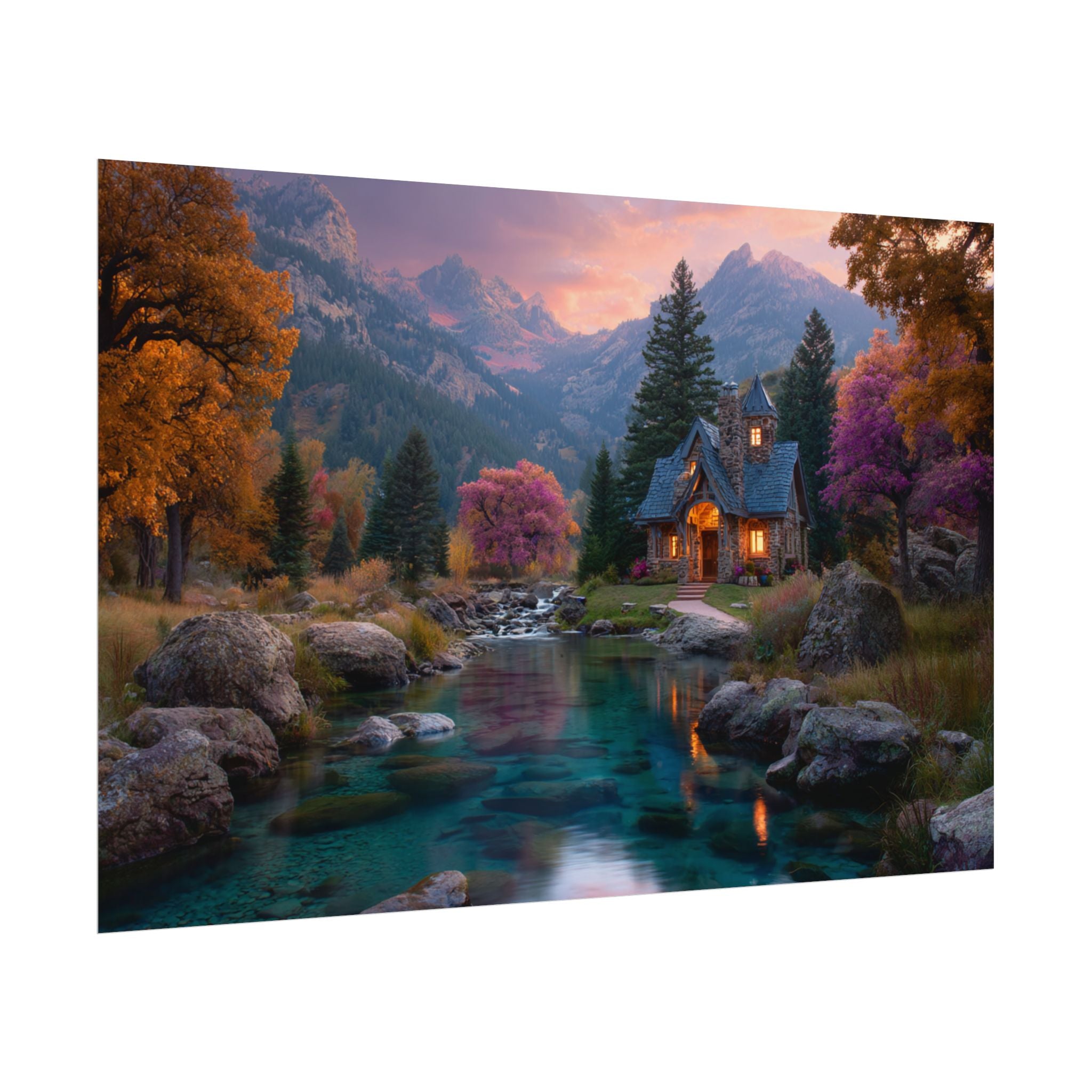 Scenic Mountain Cabin  Tranquil River Landscape Wall Art