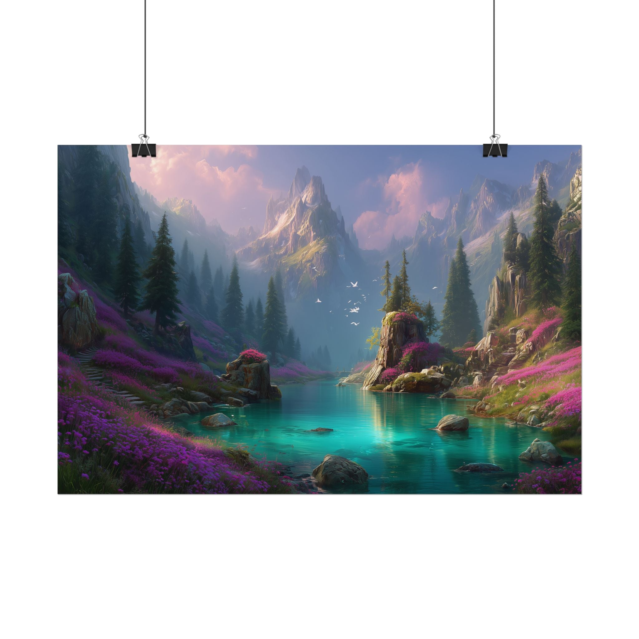 Serene Fantasy Mountain Lake Landscape Art Print