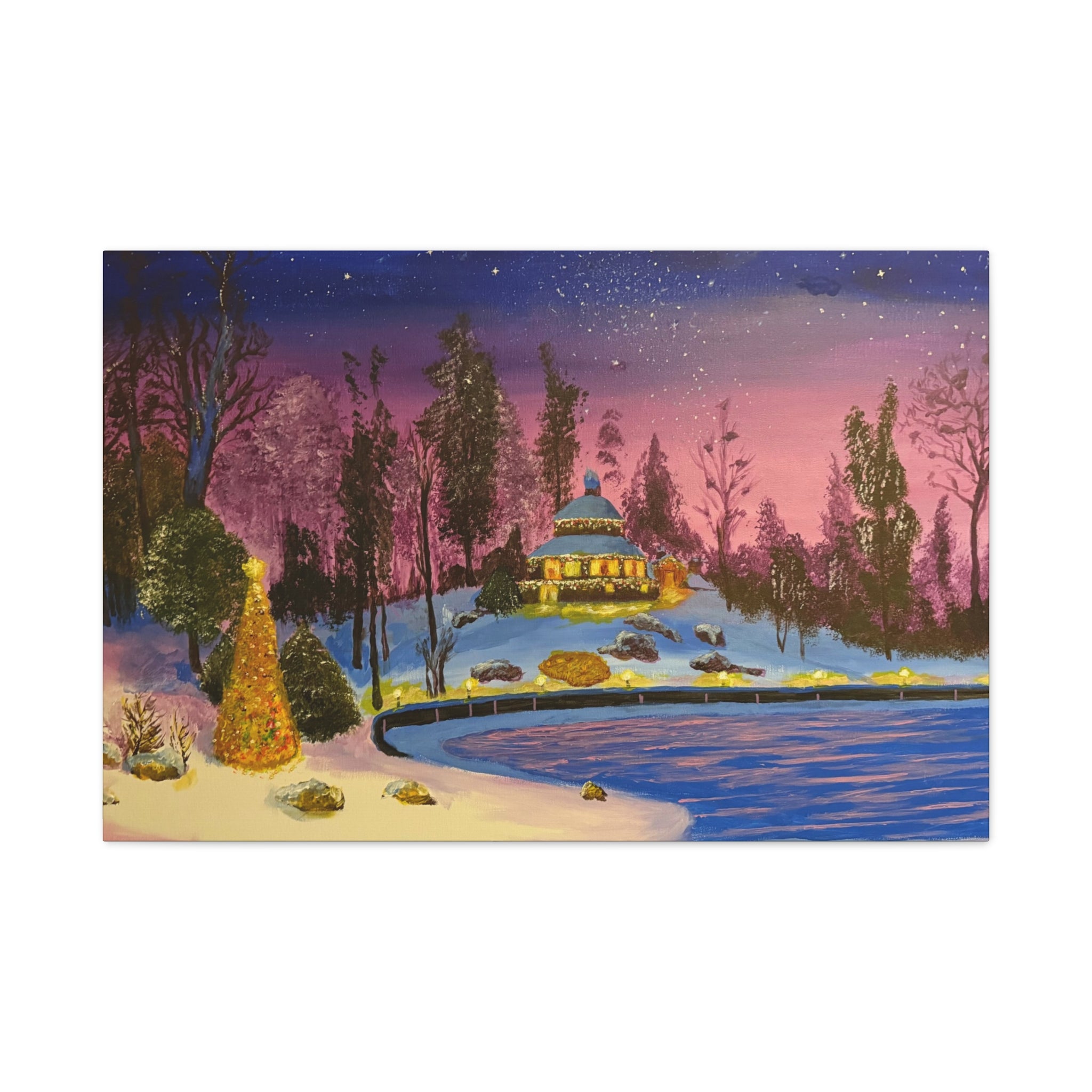 Christmas Night Lakeside Canvas Art Snowy Gazebo & Twinkling Sky Matte Stretched Wall Decor
