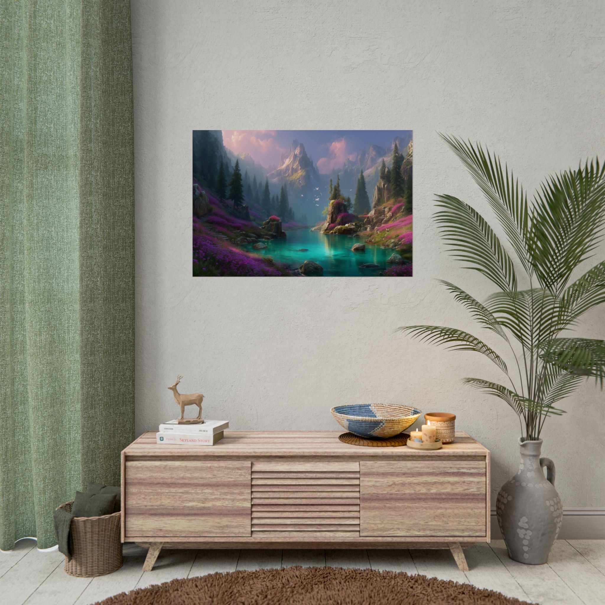 Serene Fantasy Mountain Lake Landscape Art Print