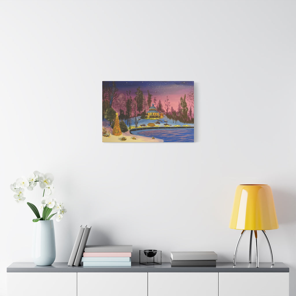 Christmas Night Lakeside Canvas Art Snowy Gazebo & Twinkling Sky Matte Stretched Wall Decor
